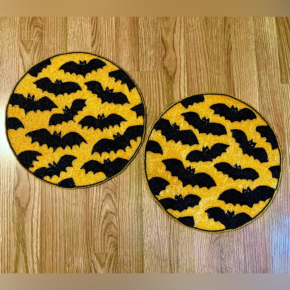 2x Max Studio 15" Halloween Bats Beaded Placemat Set Centerpiece Charger Orange